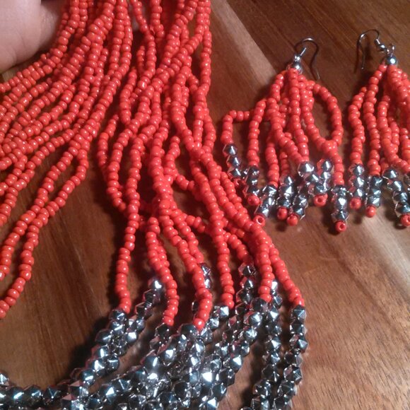 Red Seed Bead and Stainless Steel Multi-Strand Necklace and Dangle Earrings Set - Picture 10 of 11